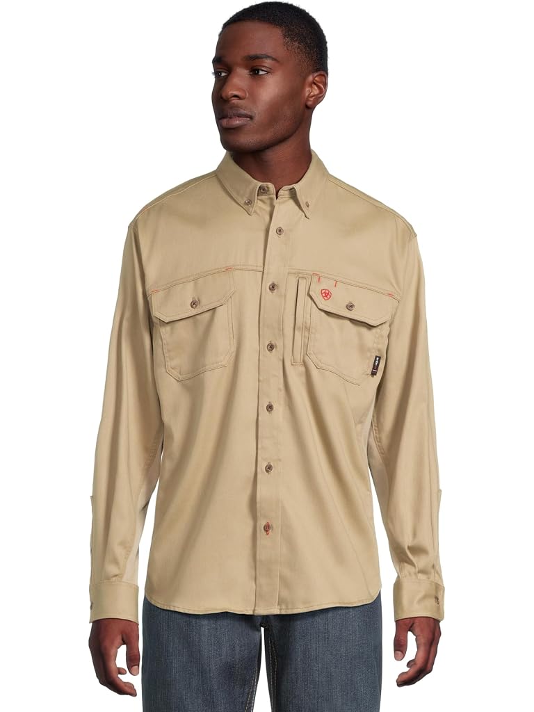 Khaki Ariat Work FR Solid Vent Long Sleeve Work Shirt