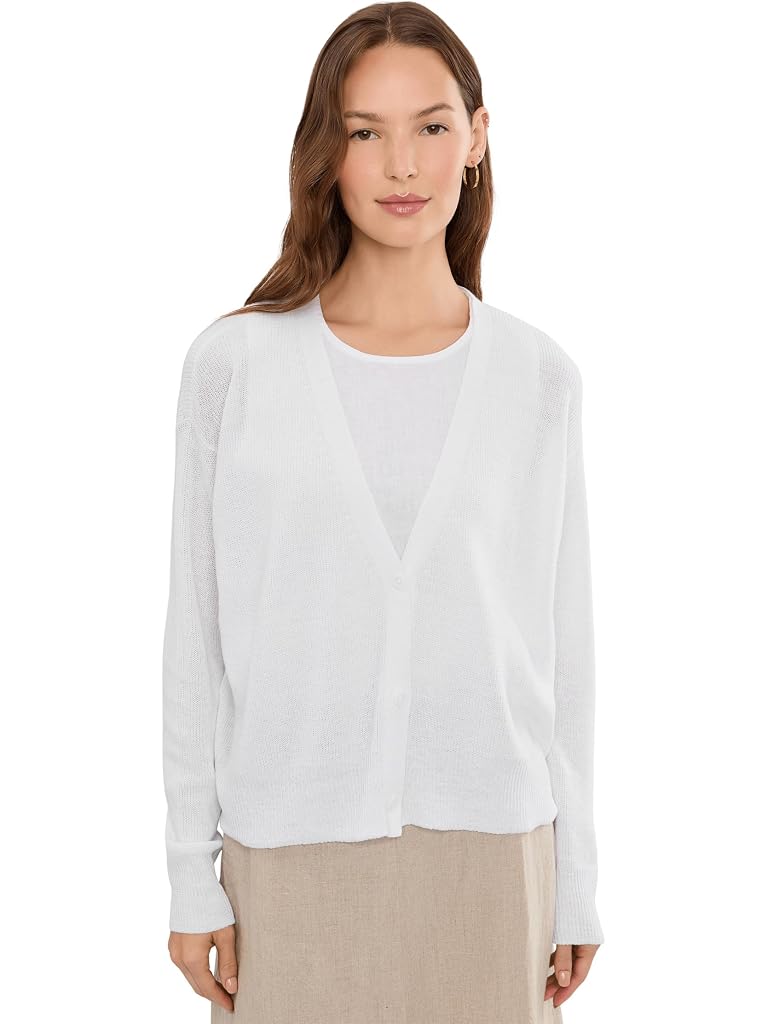White Eileen Fisher Organic Linen Cotton V-Neck Cardigan