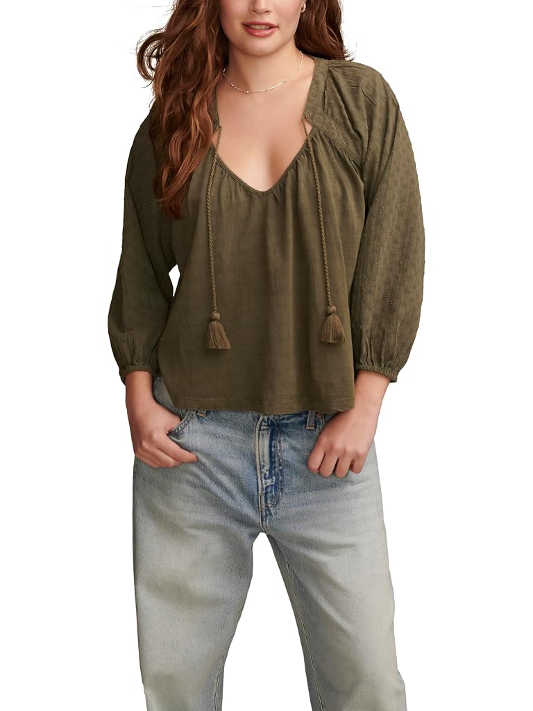 Olive Lucky Brand Knit Mix Peasant Blouse