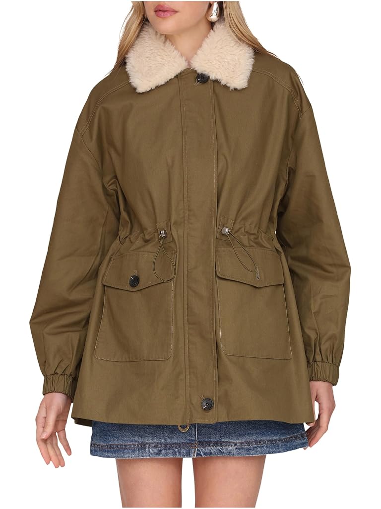 Green Avec Les Filles Cinched Cotton Jacket With Faux Shearling Collar