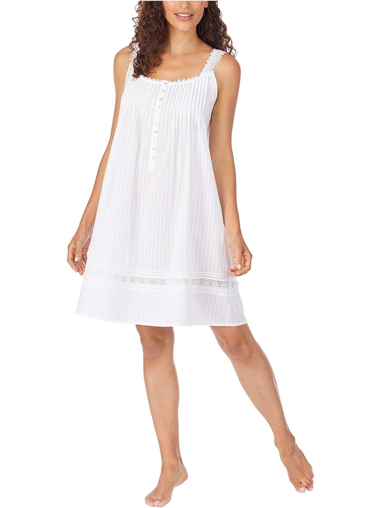 White Eileen West Cotton Dobby Stripe Woven Sleeveless Short Nightgown