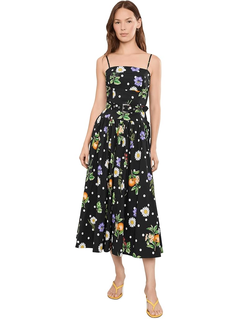 Black Avec Les Filles Polka Dot Botanical Stretch Cotton Dress