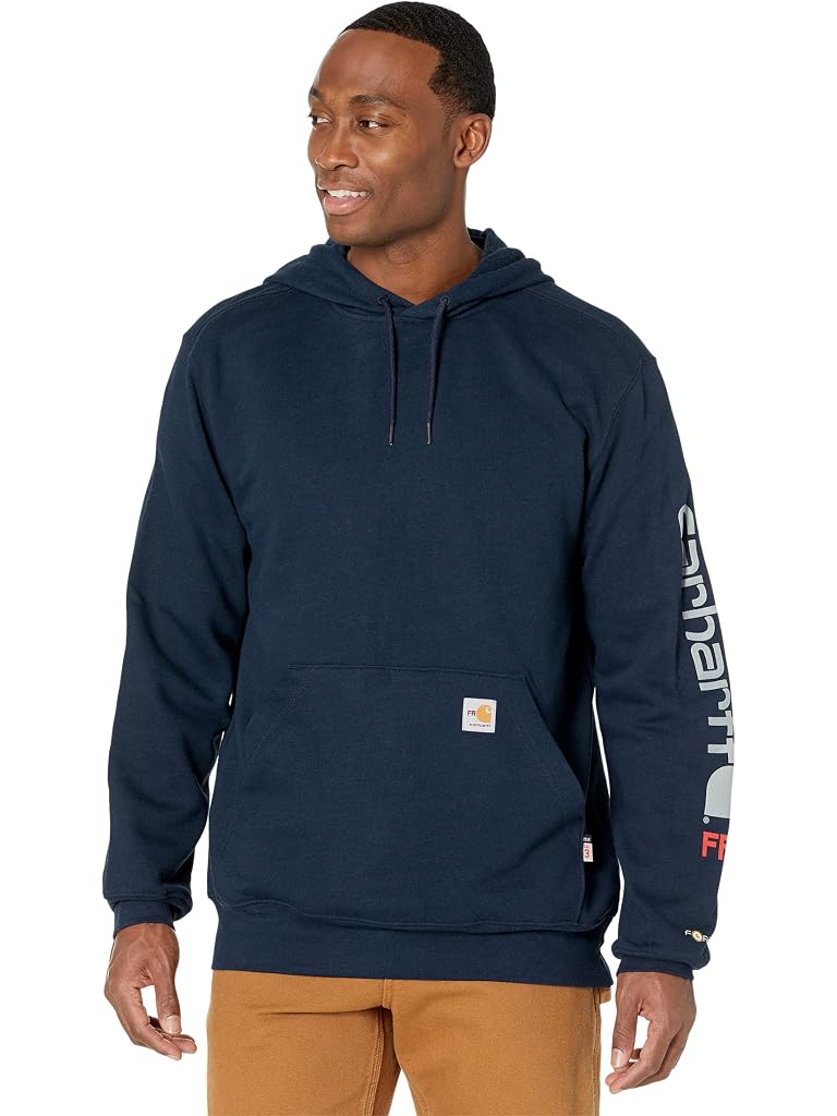 Navy Carhartt Flame Resistant Force Original Fit Midweight Hooded Signature Sleeve Logo Graphic Sweatshirt