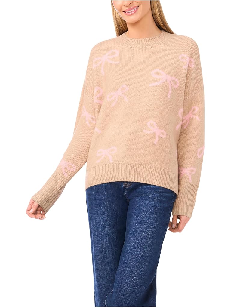 Beige CeCe Ribbon Jacquard Crew Neck Sweater