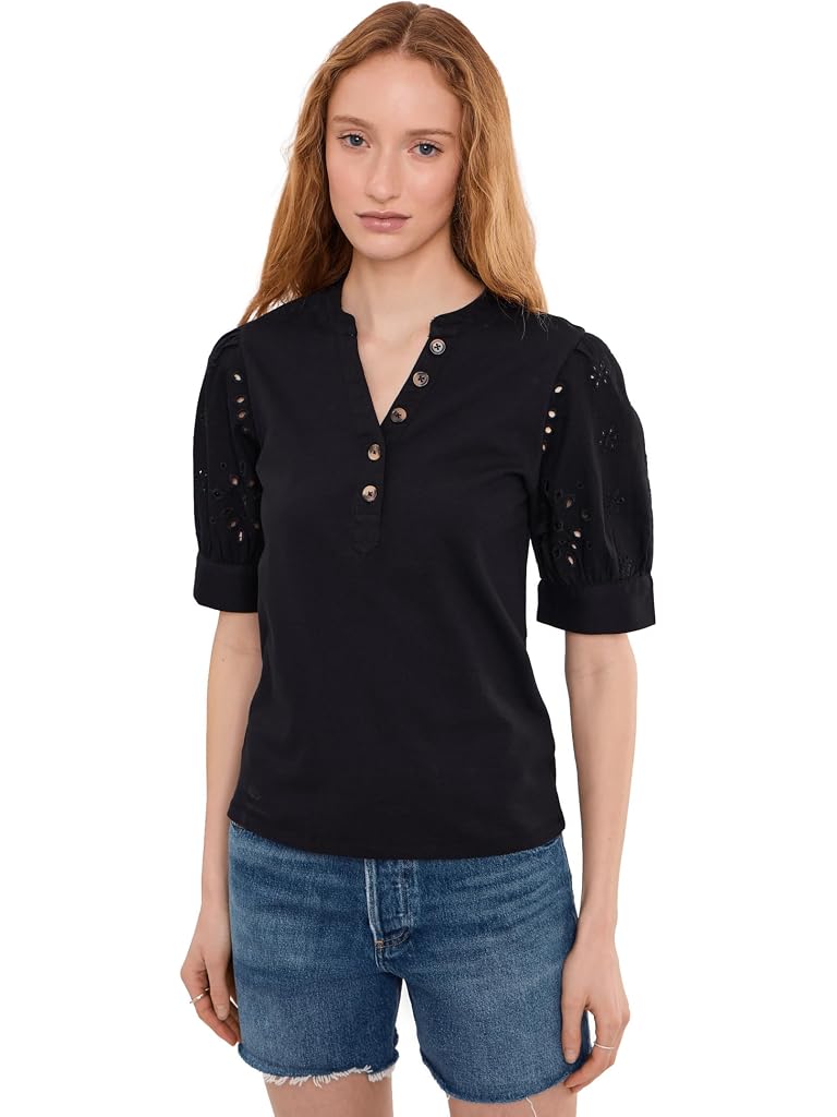 Black CeCe Elbow Puff Sleeve Mixed Media Lace Top