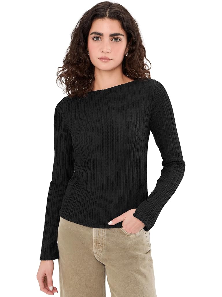 Black Sanctuary Long Sleeve Boatneck Textured Top