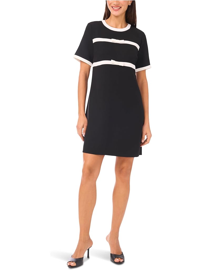 Black CeCe Short Sleeve Combo Bow & Trim Dress
