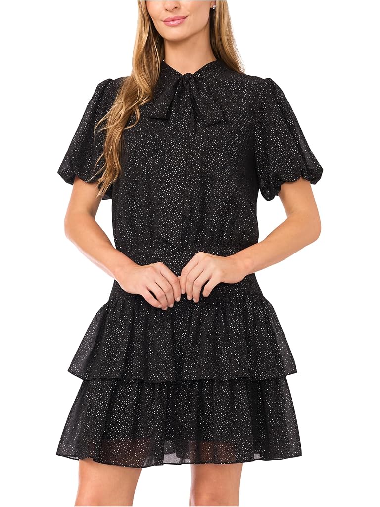 Black CeCe Tie Neck Ruffled Tier Mini Dress