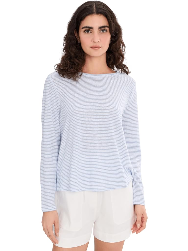 Blue Eileen Fisher Striped Organic Linen Jersey Crew Neck Long Sleeve Tee