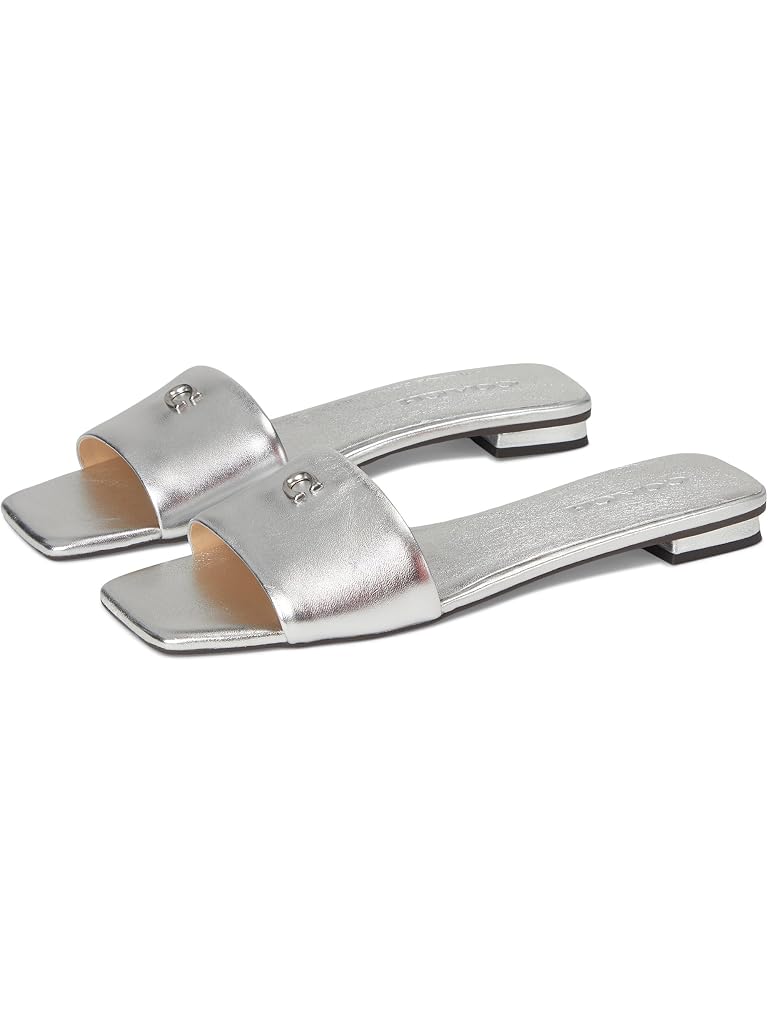 Silver COACH Sculpted C Metallic Leather Flat Sandals