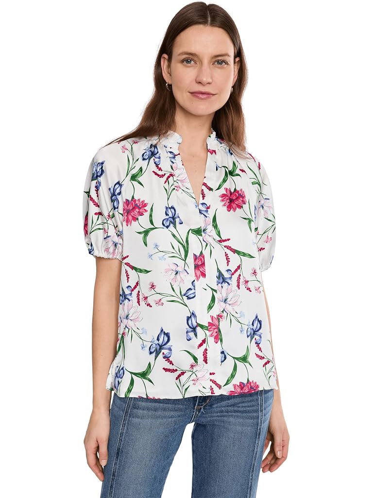 White CeCe Ruffle Neck Raglan Seam Split Neck Top