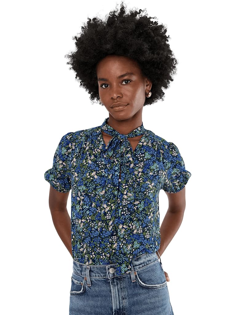Navy CeCe Short Sleeve V-Neck Tie Neck Top