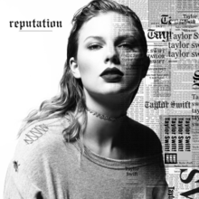 Black-and-white image of Taylor Swift with the album's name written across it