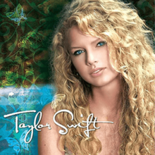 A portrait of Swift in curly blonde hair against a blue-and-green background