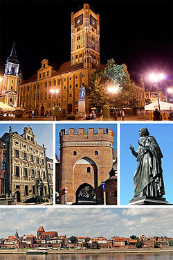 Üstte: Belediye Binası, Stary Rynek Ortada: Dąmbski aile sarayı, Ana kapı, Nikolas Kopernik Anıtı Altta: Toruń Orta Çağ Kent Merkezi
