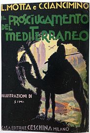 Il prosciugamento del Mediterraneo (1931) firmato da Motta assieme a Calogero Ciancimino. Illustrazione di Tarquinio Sini.