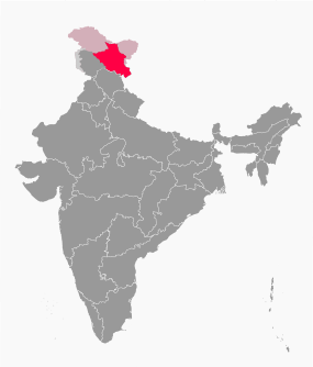 Localização do Ladaque na Índia. As áreas a vermelho são administradas de facto pela China, mas reclamadas pela Índia