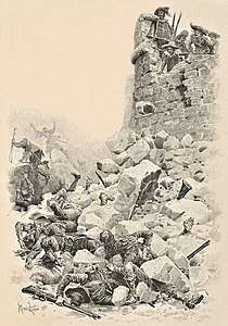 Assiégés dans un bastion, les mousquetaires écrasent plusieurs Rochelais à l'aide d'un énorme pan de mur.
