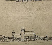 Till höger ett utsnitt ur teckning av Göteborg som bedöms härstamma från cirka 1650 av en okänd konstnär och till vänster ett utsnitt av en teckning från 1666 av P. Hectorsson Loffman. I båda bilderna syns den första domkyrkan, bland annat med de rundbågade fönstren och strävpelarna. I båda bilderna syns även Tyska kyrkan i bakgrunden med sitt på den tiden lägre torn.