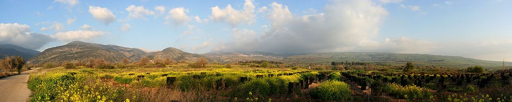 Panoramatický pohled na Golanské výšiny; nalevo se nachází Har Hermon