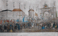 Leopoli. Veduta di Piazza Ferdinando (Mickiewicz) durante la visita dell'imperatore Francesco Giuseppe nel 1851. Litografia.