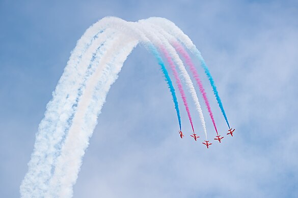 Red Arrows in formation flight at the Royal International Air Tattoo 2023.