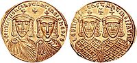 Золотий солід з портретами візантийских императорів Лева IV та його сина Костянтина. 8 століття