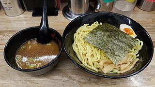 Tsukemen with a sheet of nori atop the noodles