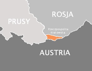 Тэрыторыя Вольнага горада Кракава на стыку Прусіі, Расіі і Аўстрыі