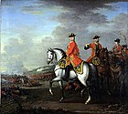 Король Георг II в битве при Деттингене с герцогом Камберлендским и Робертом, 4-м графом Холдернессом, 27 июня 1743 года. 1743. Холст, масло. Национальный музей армии, Лондон