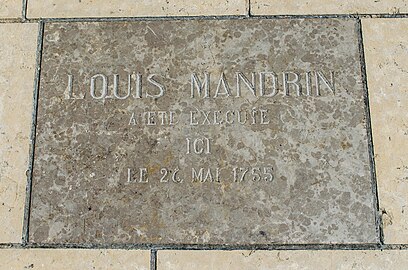 Plaque commémorant l'exécution de Louis Mandrin, place des Clercs à Valence.
