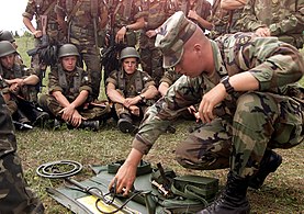Американський військовослужбовець показує італійським колегам деталі детектора мін під час навчань «Щит миру», 13 липня 2000