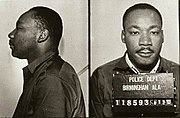 King je uhapšen 1963. zbog protesta zbog postupanja prema crncima u Birminghamu.[13]
