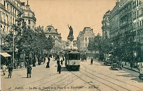 Il tramway per l'Opéra nella rue du Temple, all'inizio del XX secolo.