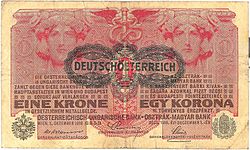 1 krone seddel, overstemplet med Deutschösterreich