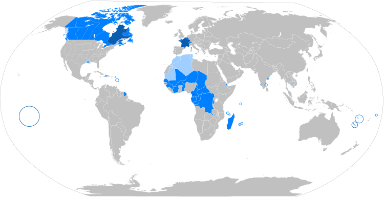 El francès al món: Blau fosc: llengua materna; Blau: llenguatge administratiu; Blau clar: llengua de cultura; Verd: minories en francès
