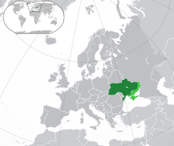  युक्रेन  (हरा) की अवस्थिति यूरोपीय महाद्वीप  (गहरा स्लेटी) में  —  [संकेत]
