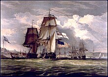 „Cheasapeake” wprowadzany do portu w Halifaksie, Nowa Szkocja, gdzie zostanie wcielony do Royal Navy