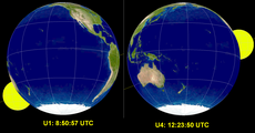 A simulation of the start and end of the August 28, 2007 lunar eclipse, viewed from the center of the Moon.[18]