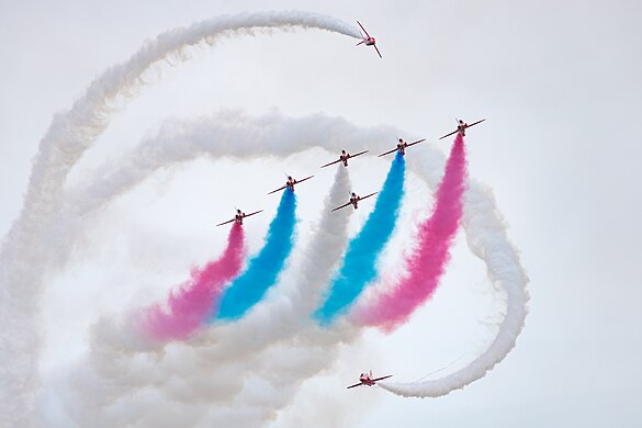 Red Arrows in formation flight at the Royal International Air Tattoo 2023.