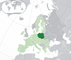 Location of  Poland  (dark green) – on the European continent  (green & dark grey) – in the European Union  (green)  —  [Legend]