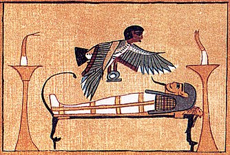 Libro dei morti di Ani: il ba si leva dalla mummia sul cataletto (Formula 89). British Museum, Londra.