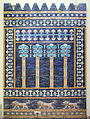 Une des décorations en briques à glaçure des murs de la salle du trône du palais Sud : palmiers, motifs floraux et lions. Musée de Pergame.