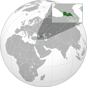 Грузия на карте мира. Светло-зелёным обозначены оккупированные Россией территории (частично признанные Республика Абхазия и Южная Осетия).
