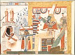 Userhat inginocchiato dinanzi a Osiride e alla Dea dell'Occidente (tempera di N. de Garis Davies, Metropolitan Museum, cat. MET DT10876)