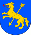 D'azzurro, al lupo rapace d'oro, lampassato di rosso, trafitto da una freccia rovesciata posta in sbarra pure d'oro (Rýmařov, Repubblica Ceca)