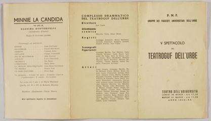 Frontespizio del dramma Minnie la candida (1926) di Massimo Bontempelli. Regia di Ruggero Jacobbi; TeatroGUF dell'Urbe.