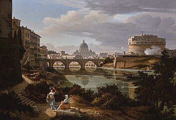 Wiegmann: Rome, a view of the river Tiber looking south with the Castel Sant'Angelo and Saint Peter's Basilica beyond, 1834.
