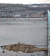 Залишки опор Ланцюгового моста біля моста Метро в Києві, березень 2010 року