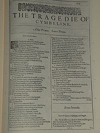 Faksimil av första sidan i The Tragedie of Cymbeline från First Folio, publicerad 1623